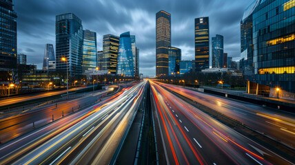 Obraz premium wide angle photo of a city road with a speed blur in the evening.