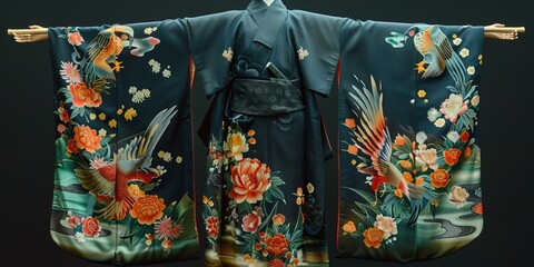A kimono with a pattern of phoenixes and flowers.