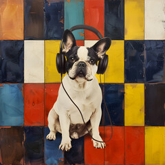 Funny French Bulldog dog sitting listening to music with headphones. Retro background.