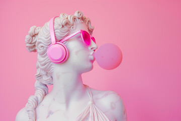 goddess in pink sunglasses and headphones, blowing bubblegum. Greek statue,modern art, pop culture fusion, contemporary decor, trendy advertisement, youth fashion campaigns, quirky interior design