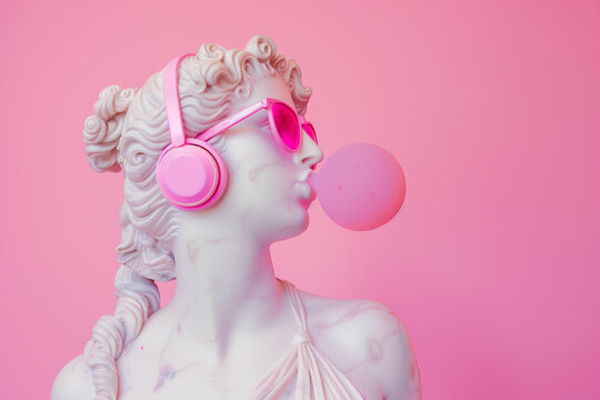 goddess in pink sunglasses and headphones, blowing bubblegum. Greek statue,modern art, pop culture fusion, contemporary decor, trendy advertisement, youth fashion campaigns, quirky interior design