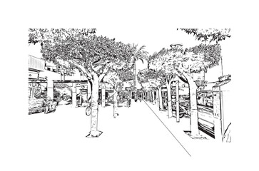 Fototapeta premium Print Building view with landmark of Santa Ponsa is the village in Spain. Hand drawn sketch illustration in vector.