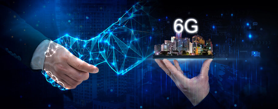 Businessman holding smartphone with map point Global network connection 6G.