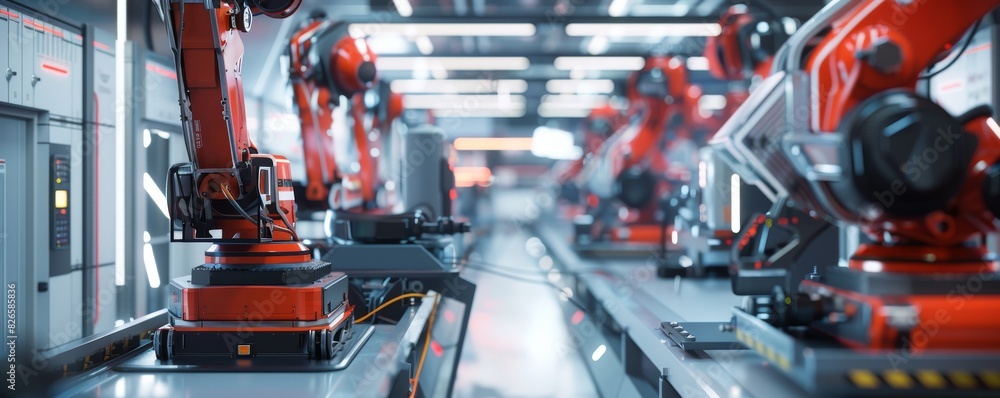 Poster a dynamic assembly line in a futuristic factory, featuring advanced machinery and robotic arms worki
