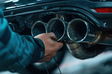 mechanic's hands inspecting a car's exhaust system