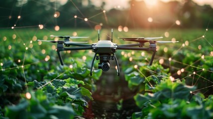 Advanced agricultural drone flying over a field at sunset, enhancing modern farming techniques with technology. Generative Ai