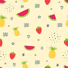 Colourful summer pattern. Background with fruits  - watermelon, pineapple and strawberry. Vector illustration