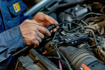 Fototapeta premium mechanic's hands using a diagnostic tool on a car engine