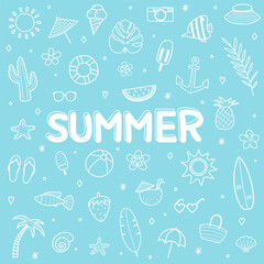 Set with hand drawn summer elements. Design with icons. Vector illustration