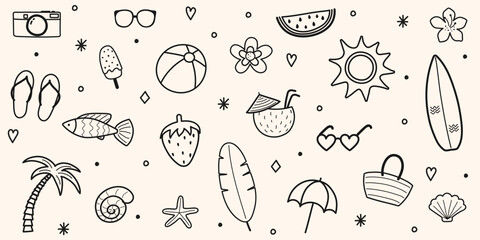 Cute hand drawn summer icon set. Background with holiday elements. Vector illustration