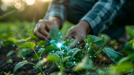 Agricultural innovation depicted through a farmer nurturing young plants with glowing effects symbolizing growth. Generative Ai