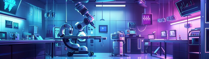 A high-tech medical operating room, robotic surgical assistants, detailed medical instruments, surgeons in action, vibrant lighting, high-detail, advanced and precise.vector illustrations