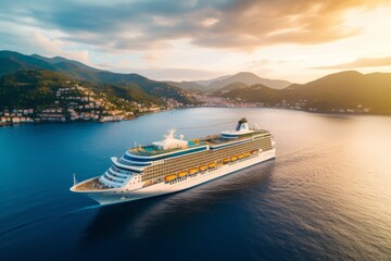 Luxury mediterranean cruise ship sunset aerial view vacation tourism luxury liner sea travel