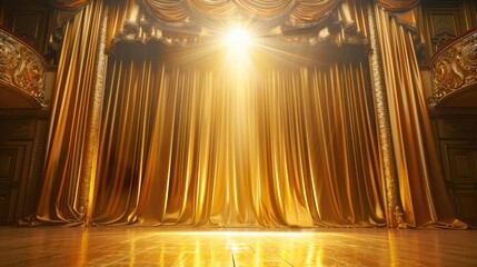 Golden stage curtain lifted in a theater setting