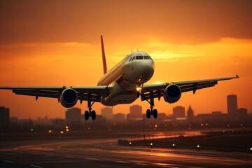 Large commercial jet airplane taking off at sunset or dawn with landing gear extended