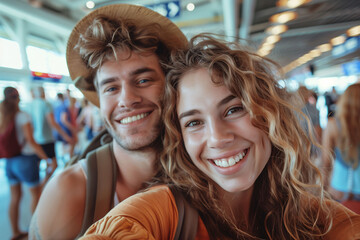 A couple taking a selfie at the airport. Concept of vacation, destination, and traveling as a couple.