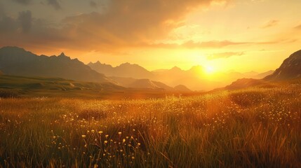 Fototapeta premium Embracing the mystical splendor of nature s prime time as the sun gently sets below the skyline enveloping the grand mountains in a soothing golden light during this tranquil occasion