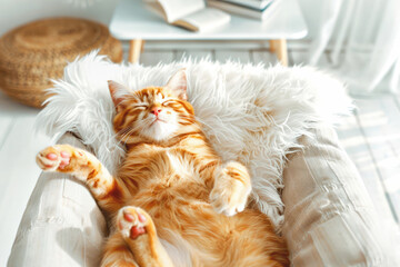 A ginger tabby cat sleeps soundly on its back on a beige armchair with a fluffy white blanket, with its paws in the air.