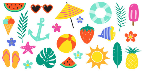 Cartoon hand drawn summer icons. Set with colourful holiday stickers. Vector illustration © One Pixel Studio