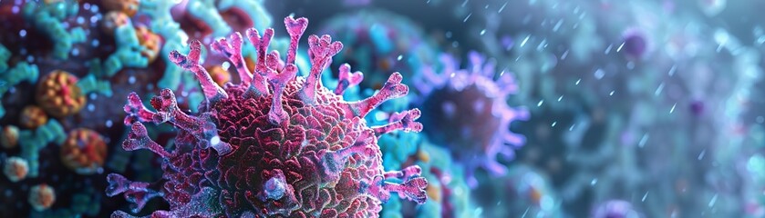 A vibrant 3D illustration of a virus particle, intricate surface patterns, vivid colors, high-detail, scientific and visually striking.Highly detailed