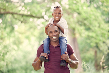 Black man, child or shoulders in outdoor with portrait and smile, relax with walk in countryside....