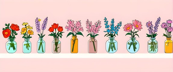 Obraz premium A series of vases filled with different types of flowers. Illustration vector. Generative AI