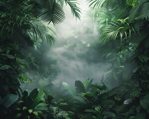 A backdrop of a lush, tropical rainforest with dense foliage and mist, for naturethemed presentations