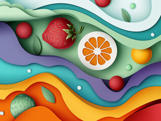 Abstract fruit shapes made of layered paper textures, vibrant colors, high-detail, depth and dimension, artistic and tactile.3D vector illustrations