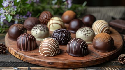 A wooden plate filled with chocolates resting on a table