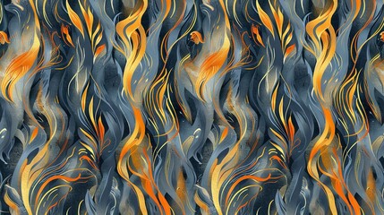Fototapeta premium A monochrome canvas showcases vibrant orange-blue swirls against black-white backdrop; orange and yellow streaks adorn the left half
