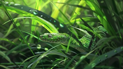 hidden danger camouflaged snake lurking in lush green grass blending nature and threat digital painting