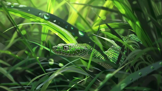 hidden danger camouflaged snake lurking in lush green grass blending nature and threat digital painting