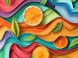 Abstract fruit shapes made of layered paper textures, vibrant colors, high-detail, depth and dimension, artistic and tactile.3D vector illustrations