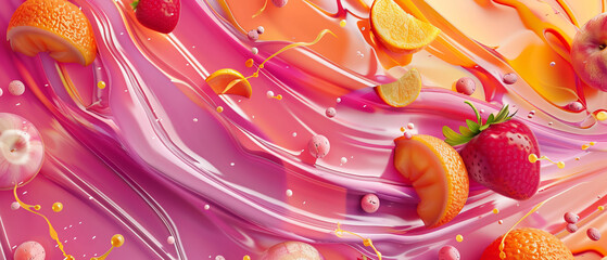 Abstract liquid art with fruit shapes, fluid patterns, bright colors, high-detail, dynamic and visually engaging.3D vector illustrations