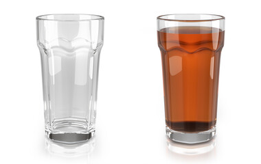 Faceted drinking glasses set. Transparent empty glass and glass of tea or juice. 3d illustration on white background
