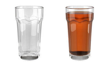 Faceted drinking glasses set. Transparent empty glass and glass of tea or juice. 3d illustration isolated on white