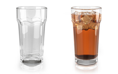 Faceted drinking glasses set. Transparent empty glass and glass of tea or juice with ice cubes. 3d illustration on white background