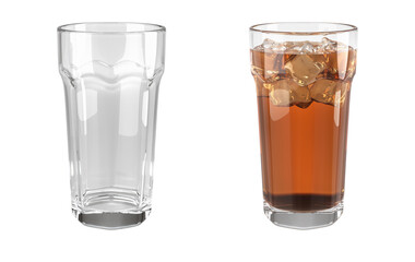 Faceted drinking glasses set. Transparent empty glass and glass of tea or juice with ice cubes. 3d illustration isolated on white