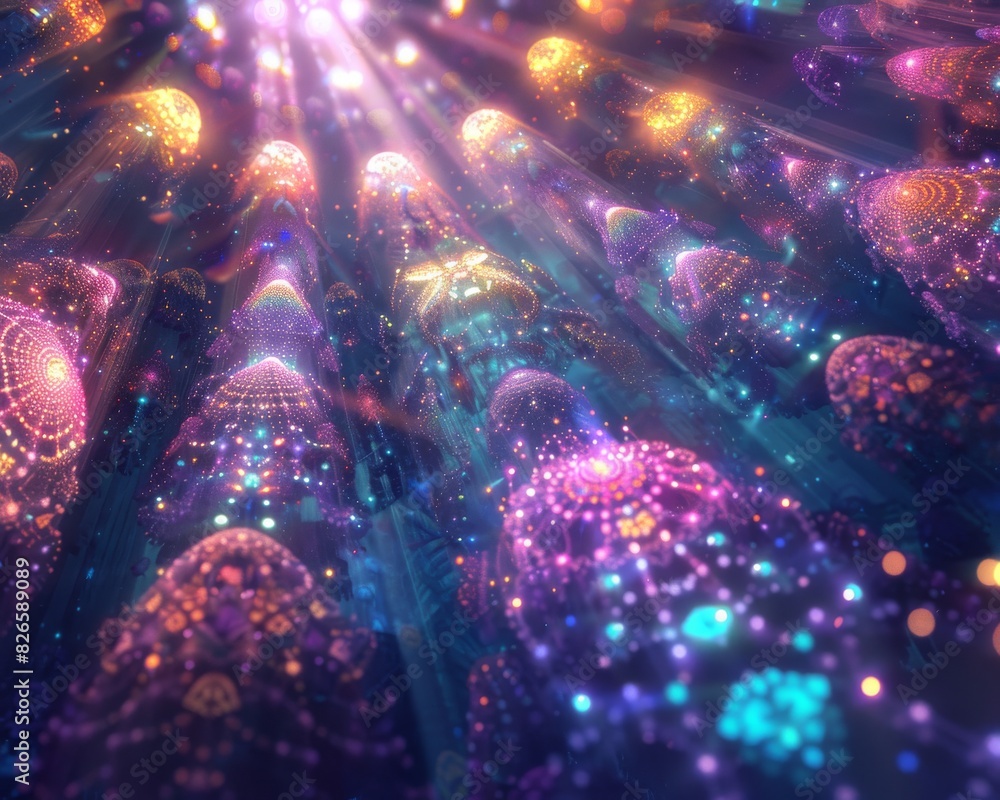 Poster mystical nodes radiating vibrant hues, adorned with intricate patterns, linked by shimmering beams o