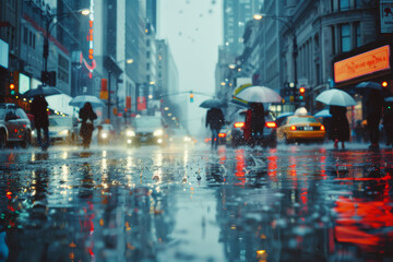 Obraz premium A rainy cityscape during the day with people walking hurriedly under umbrellas, and cars making splashes through puddles on the road.. AI generated.