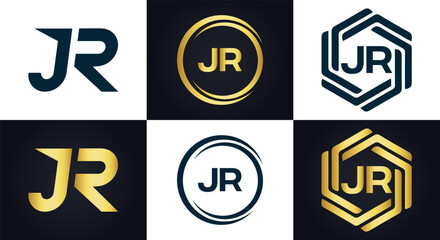 Fototapeta premium JR logo. J R design. White JR letter. JR, J R letter logo design. J R letter logo design in FIVE, FOUR, THREE, style. letter logo set in one artboard. J R letter logo vector design.