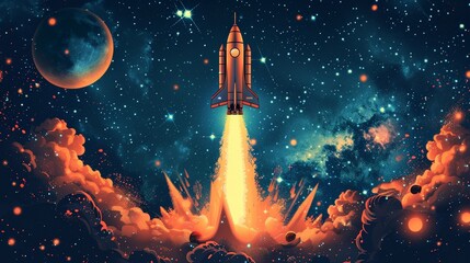 A painting depicting a space rocket soaring into the sky, leaving billows of smoke as it ascends toward outer space.