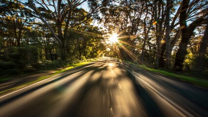 wide angle photo of a road tree on sides with a speed blur and sun flare.