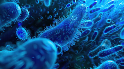 3D microscopic blue bacteria, close-up of displaying their unique forms and vivid hues, presenting a stunning view of microbiology.