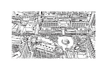 Print Building view with landmark of Santa Ponsa is the village in Spain. Hand drawn sketch illustration in vector.