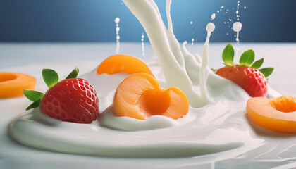 apricot and strawberry slices dripping into milk splash