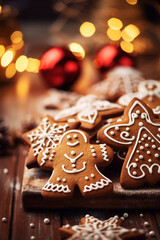 Traditional Christmas Cookies, Gingerbread Men, baking. Merry Christmas and Happy New year background. Winter holidays card template. Christmas tableware..