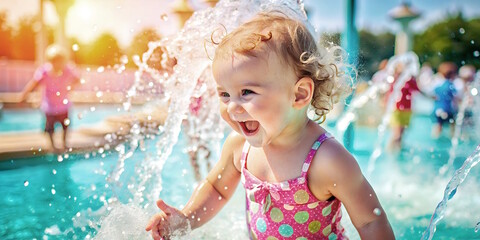 Little Happy Girl  Enjoying Sunshine and Splashes in the pool
