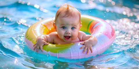 Happy Baby Swimming on inflatable ring
