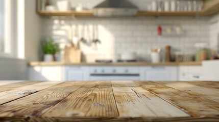 Blurred kitchen background with a wooden table top, providing an inviting space for product mock-ups or creative design presentations.